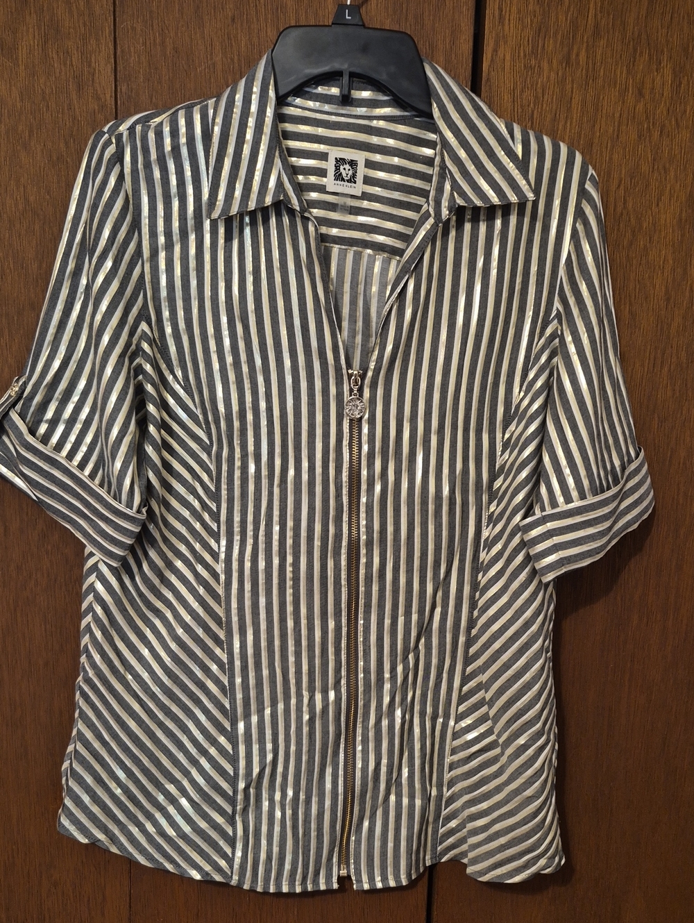 Anne Klein Womens  Gray and Metallic Gold Striped Zip Front Shirt SZ M